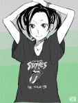  1girl arms_up casual clothes_writing face kobayakawa_rinko love_plus monochrome peg smile t-shirt the_rolling_stones title_drop twintails watch wristwatch 