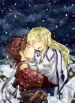  1girl blue_background carrying closed_eyes colette_brunel couple hetiru highres lloyd_irving smile snow tales_of_(series) tales_of_symphonia 