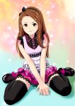  black_legwear brown_eyes brown_hair hairband hand_between_legs highres idolmaster idolmaster_2 long_hair minase_iori ponnetsu sitting solo thigh-highs thighhighs wariza zettai_ryouiki 