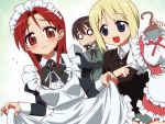  alternate_costume blonde_hair blue_eyes blush bowtie brown_hair dress dress_lift enmaided erica_hartmann frills gertrud_barkhorn long_hair maid maid_headdress minna-dietlinde_wilcke multiple_girls o_o ootori_kei open_mouth red_eyes red_hair short_hair smile strike_witches tonbi 