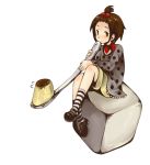  brown_eyes brown_hair forehead hair_bobbles hair_ornament high_ponytail kneehighs m_eme mary_janes oversized_object polka_dot pudding shoes short_hair sitting socks spoon striped striped_kneehighs striped_socks 