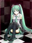  akiyama_nenehisa arm_support bare_shoulders checkered checkered_background checkered_floor detached_sleeves green_eyes green_hair hatsune_miku headset long_hair looking_at_viewer necktie panties pantyshot pantyshot_sitting sitting skirt solo thigh-highs thighhighs twintails underwear very_long_hair vocaloid 