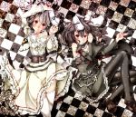  brown_hair bunny_ears checkered checkered_background dress dual_persona inaba_tewi pantyhose rabbit_ears red_eyes short_hair sugiyuu thigh-highs thighhighs touhou white_legwear white_thighhighs 