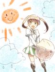  brown_hair cloud clouds green_eyes happy ibarazaki_emi katawa_shoujo parasol prosthesis puffy_sleeves raemz ribbon skirt sky smile twintails umbrella weee_(raemz) 