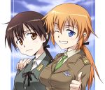  agahari alternate_hairstyle charlotte_e_yeager gertrud_barkhorn hand_on_shoulder multiple_girls ponytail smile strike_witches thumbs_up uniform wink 