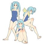  ahoge aitatata! barefoot blue_hair bow feet flat_chest futaba_channel hair_bow hairband koronu legs multiple_girls one-piece_swimsuit red_eyes school_swimsuit sitting sketch swimsuit twintails 