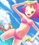  armpits bikini cancer_bubble checkered checkered_bikini dual_wielding dutch_angle green_eyes hibiki_misora pink_hair rockman ryuusei_no_rockman short_hair swimsuit water_gun wink 