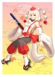  absurdres animal_ears bare_shoulders breasts detached_sleeves geta highres inubashiri_momiji leaf no_bra red13520 red_eyes short_hair sideboob silver_hair solo sword tail tengu-geta touhou weapon wolf_ears wolf_tail 