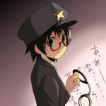  brown_eyes cuffs face glasses handcuffs hat k-on! looking_back manabe_nodoka police police_hat red-framed_glasses semi-rimless_glasses short_hair smile solo translated translation_request under-rim_glasses watarai_keiji 