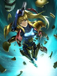  5-dimensional_skaters bangs blonde_hair blue_eyes bodysuit gun handgun helmet metroid pistol ponytail samus_aran solo thigh_gap varia_suit weapon zero_suit 