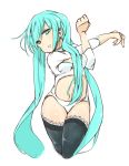  aqua_eyes aqua_hair center_opening hatsune_miku lace lace-trimmed_thighhighs long_hair simple_background solo stretch thigh-highs thighhighs twintails very_long_hair vocaloid zukaketawagase 