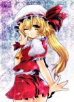  bad_id blonde_hair finger_gun flandre_scarlet fragran0live hands hat long_hair looking_back outstretched_arm outstretched_hand ribbon short_hair side_ponytail solo touhou wings wink yellow_eyes 