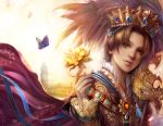  blue brown brown_hair butterfly close crown diamonds fanyang_(artist) feathers flower green_eyes male mask original prince purple realistic short_hair solo tower yangfan 