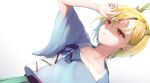  1girl absurdres antlers arm_up blonde_hair bloom blue_shirt collarbone dragon_horns flat_chest highres horns kicchou_yachie nnyara parted_lips red_eyes shirt short_hair short_sleeves sidelighting simple_background solo touhou white_background 