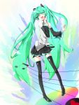  ca(asoo2)?aq detached_sleeves green_eyes green_hair hand_on_chest hand_on_own_chest hatsune_miku highres legs long_hair necktie open_mouth skirt thigh-highs thighhighs twintails very_long_hair vocaloid 