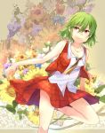  bad_id breasts cleavage earrings flower green_hair highres jewelry kazami_yuuka light_smile plaid plaid_skirt plaid_vest red_eyes short_hair skirt skirt_set sleeveless sleeveless_shirt smile solo standing_on_one_leg touhou ume_(plumblossom) untucked 