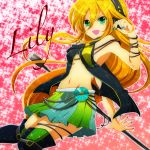  aqua_eyes blonde_hair boots cable headphones lily_(vocaloid) long_hair microphone microphone_stand midriff navel skirt smile solo sparkle thigh-highs thigh_boots thighhighs vocaloid zettai_ryouiki 