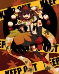  black_hair black_wings caution_tape fan geta hat highres scarf shameimaru_aya short_hair skirt solo tengu-geta touhou wings yaza 