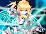  bare_shoulders blonde_hair caliburn detached_sleeves dress fate/stay_night fate/unlimited_codes fate_(series) gauntlets glyph green_eyes hair_ribbon highres nagirin ponytail ribbon saber saber_lily sheath solo sword unsheathing weapon 