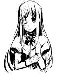  bow hair_ornament hairclip ikezawa_hanako katawa_shoujo long_hair monochrome raemz ribbon scar school_uniform smile weee_(raemz) wink 