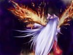 back fire fujiwara_no_mokou hair_ribbon long_hair long_sleeves outstretched_hand ribbon silver_hair solo toshi88 touhou wings 