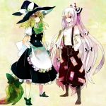  blonde_hair bow broom fujiwara_no_mokou hair_bow hands_in_pockets hat kirisame_marisa long_hair multiple_girls red_eyes silver_hair tarako_(artist) tarako_supa touhou very_long_hair witch_hat 