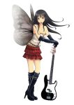  akiyama_mio bare_shoulders bass_guitar black_hair blue_eyes boots breasts butterfly_wings cleavage corset elbow_gloves gloves highres hime_cut instrument k-on! long_hair mouth_hold plaid pleated_skirt plectrum skirt solo tartan tolui wings 