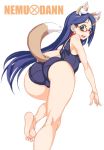  :o ass bare_shoulders barefoot blue_hair collar feet fox_ears fox_tail glasses green_eyes hair_ornament hairclip highres long_hair open_mouth simple_background solo swimsuit tail trefoil vrkdh 