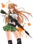  assault_rifle battle_rifle bayonet breasts brown_eyes brown_hair fingerless_gloves gloves gun highschool_of_the_dead large_breasts long_hair m14 miyamoto_rei orange_hair plaid plaid_skirt prime rifle school_uniform scope skirt solo tartan taut_shirt weapon 