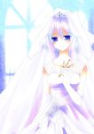  blue_eyes blue_hair bridal_veil bride dress elbow_gloves flower gloves letty_whiterock polearm rose tiara touhou trident veil weapon wedding_dress white_rose 