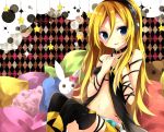  blue_eyes chiruku headphones lily_(vocaloid) long_hair navel sitting skirt smile solo thighhighs vocaloid 