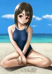  beach black_hair brown_eyes indian_style mougira one-piece_swimsuit original school_swimsuit short_hair sitting swimsuit ultra_series ultraman when_you_see_it 