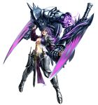  armor breasts center_opening cleavage dagger electricity fang full_armor knight midriff minoo navel original purple_hair simple_background solo sword weapon 
