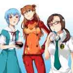  ayanami_rei bandaid blue_eyes blue_hair blush bodysuit bowl brown_hair drink drinking evangelion:_2.0_you_can_(not)_advance food glasses green_eyes hairband hand_on_hip long_hair makinami_mari_illustrious multiple_girls necktie neon_genesis_evangelion open_mouth plugsuit rebuild_of_evangelion red_eyes ribbon school_uniform shikinami_asuka_langley short_hair souryuu_asuka_langley test_plugsuit tottsuan twintails 