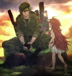 bandages barefoot beard beret boots cigarette dog_tags dress facial_hair feet fingerless_gloves flaky flippy flower gloves green_hair happy_tree_friends hat height_difference highres jewelry kaboom-chuck long_hair military military_uniform necklace personification red_hair redhead smoking tears uniform very_long_hair yellow_eyes 