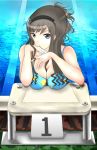  amagami between_breasts bikini black_eyes breast_rest breasts brown_hair cleavage hairband large_breasts long_hair morishima_haruka pool solo starting_block swimsuit water yottsuu 