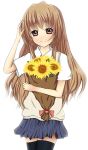  bouquet brown_hair flower highres long_hair niu red_eyes school_uniform sunflower thigh-highs thighhighs toradora! 