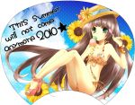  bad_id bikini brown_hair flower food green_eyes hat ice_cream long_hair open_toe_shoes original solo spoon sunflower swimsuit uchiwa_design 