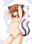  bikini brown_eyes brown_hair cat_ears cat_tail chen earrings flat_chest highres jewelry multiple_tails shirogane short_hair single_earring solo swimsuit tail touhou translated 