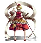  &gt;:) absurdres blonde_hair embellished_costume flower frills hair_flower hair_ornament highres jeweled_pagoda lace looking_at_viewer naginata polearm shadow shawl shinoi simple_background smile solo spear standing tiger_print toramaru_shou touhou weapon yellow_eyes 