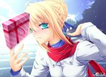  aqua_eyes bag blonde_hair blush casual fate/stay_night fate_(series) gift hair_ribbon ribbon saber scarf sky solo tree uraomote 