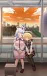  blonde_hair building chuuten_(tyuuten) closed_eyes contemporary hat highres landscape lavender_hair leaning lunasa_prismriver merlin_prismriver multiple_girls pantyhose short_hair siblings side-by-side sisters sitting sleeping sleeping_upright sunset touhou train train_interior tyuuten 