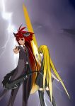  black_legwear black_thighhighs blonde_hair blue_eyes brown_eyes dress_shirt energy_sword evangeline_a_k_mcdowell formal horns jacket jun_(142403) lightning long_hair magic mahou_sensei_negima! necktie negi_springfield pants red_hair redhead school_uniform serafuku shirt suit sword tail thigh-highs thighhighs very_long_hair weapon zettai_ryouiki 