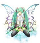  bad_id bebemoko bridal_gauntlets butterfly_wings green_eyes green_hair hatsune_miku hatsune_miku_(append) highres long_hair miku_append necktie sitting solo spread_legs thigh-highs thighhighs twintails very_long_hair vocaloid vocaloid_append wings 
