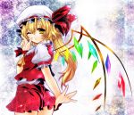  blonde_hair finger_gun flandre_scarlet fragran0live hands hat long_hair looking_back outstretched_arm outstretched_hand ribbon short_hair side_ponytail solo touhou wallpaper wings wink yellow_eyes 