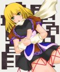  arm_warmers blonde_hair blush breasts cube_(circussion) green_eyes large_breasts mizuhashi_parsee open_mouth scarf short_hair skirt thighs touhou 