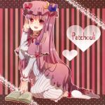  bespectacled book bow capelet character_name glasses hair_bow hat heart kneeling long_hair magic_circle open_mouth patchouli_knowledge pentagram pince-nez purple_eyes purple_hair smile socks solo touhou violet_eyes white_legwear white_socks 