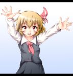  1girl blonde_hair blush hair_ribbon messy_hair nekotama_shun open_mouth outstretched_arms red_eyes ribbon rumia short_hair simple_background solo spread_arms touhou 
