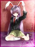  arudehido blazer bunny_ears ear_grab highres lavender_hair long_hair necktie purple_hair rabbit_ears red_eyes reisen_udongein_inaba skirt solo touhou 