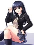  1girl amagami ayatsuji_tsukasa black_eyes black_hair black_legwear black_socks blazer crossed_legs hand_on_hip long_hair makkemi necktie pleated_skirt school_uniform sitting skirt socks solo sweater_vest 